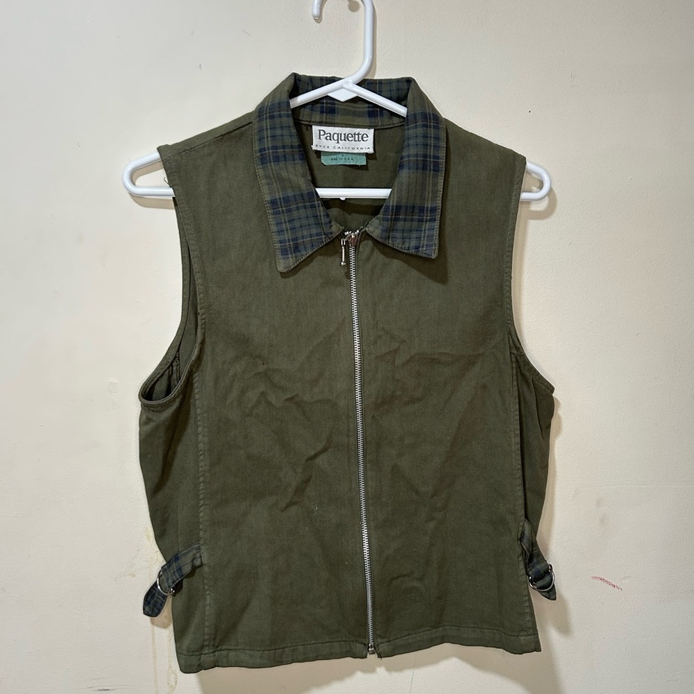 Vintage Paquette Olive Vest with Plaid Collar